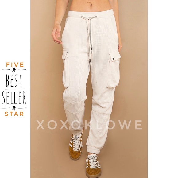 POL Waffle Knit Slouchy Cargo Joggers in Cream - Picture 3 of 13